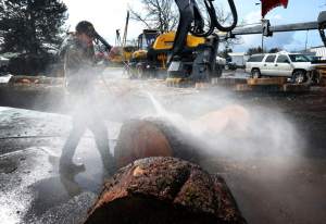 Miles Hartwig with Timber Mechanized Solutions from Philomath power-washes log ends for an equipment display being set up Wednesday at the Lane Events Center in preparation for the 76th Logging Conference going on this week in Eugene. (Chris PIetsch/The Register-Guard)